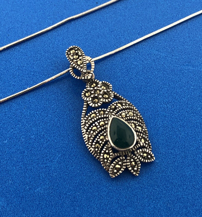 Retro Sterling Silver 925 Marcasite Green Glass Art Deco Style Pendant Necklace