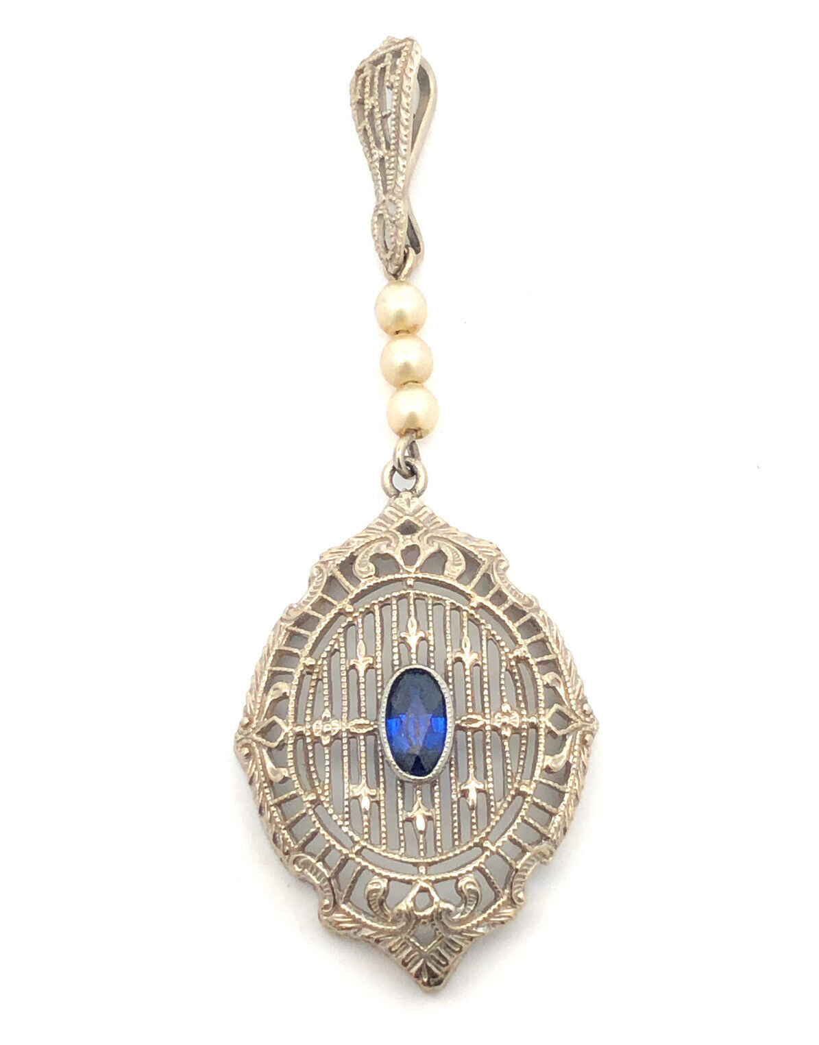 Vintage 14K White Gold Oval Blue Sapphire Seed Pearl Filigree Statement Pendant