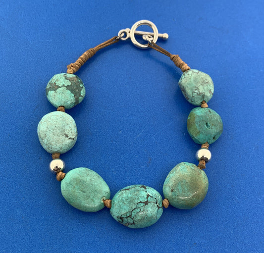 Artisan Sterling Silver 925 Chunky Turquoise Bead Leather Cord Toggle Bracelet