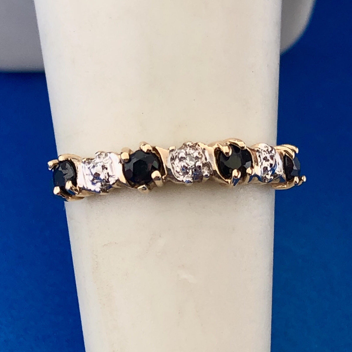 Retro 10K Yellow White Gold Sapphire Diamond Stackable Anniversary Band Ring