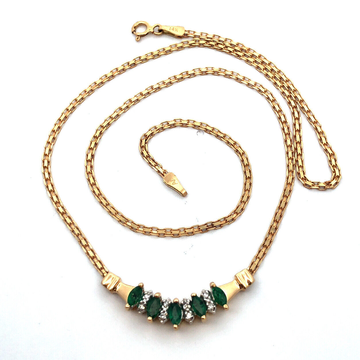 Designer 14K Yellow Gold Marquise Emerald Round Diamond Anniversary Necklace