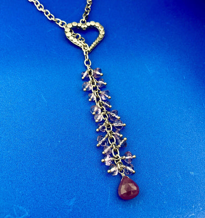 Charming Sterling Silver Ruby Amethyst Bead Heart Lariat Adjustable Necklace