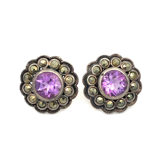 Vintage Designer A 925 Sterling Silver Amethyst Marcasite Flower Stud Earrings