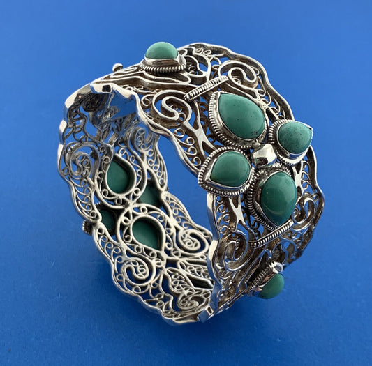 Designer Sterling Silver Turquoise Open Filigree Statement Hinged Cuff Bracelet