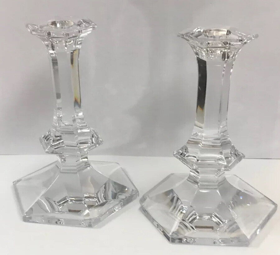 Val St Lambert Elysee Pattern Belgium Crystal Cut Glass Pair of Candlesticks