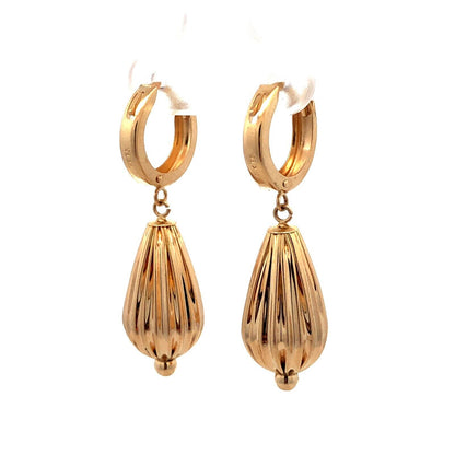 Designer EG 14K Yellow Gold Textured Teardrop Dangle Hoop Earrings