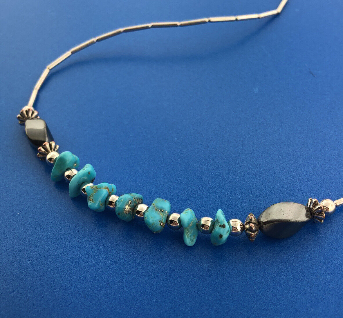 Vintage Sterling Silver 925 Liquid Silver Turquoise Nugget Pyrite Bead Necklace