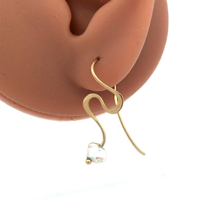 Estate 14K Yellow Gold Pearl Swirl Dangle Drop Modernist Hook Earrings