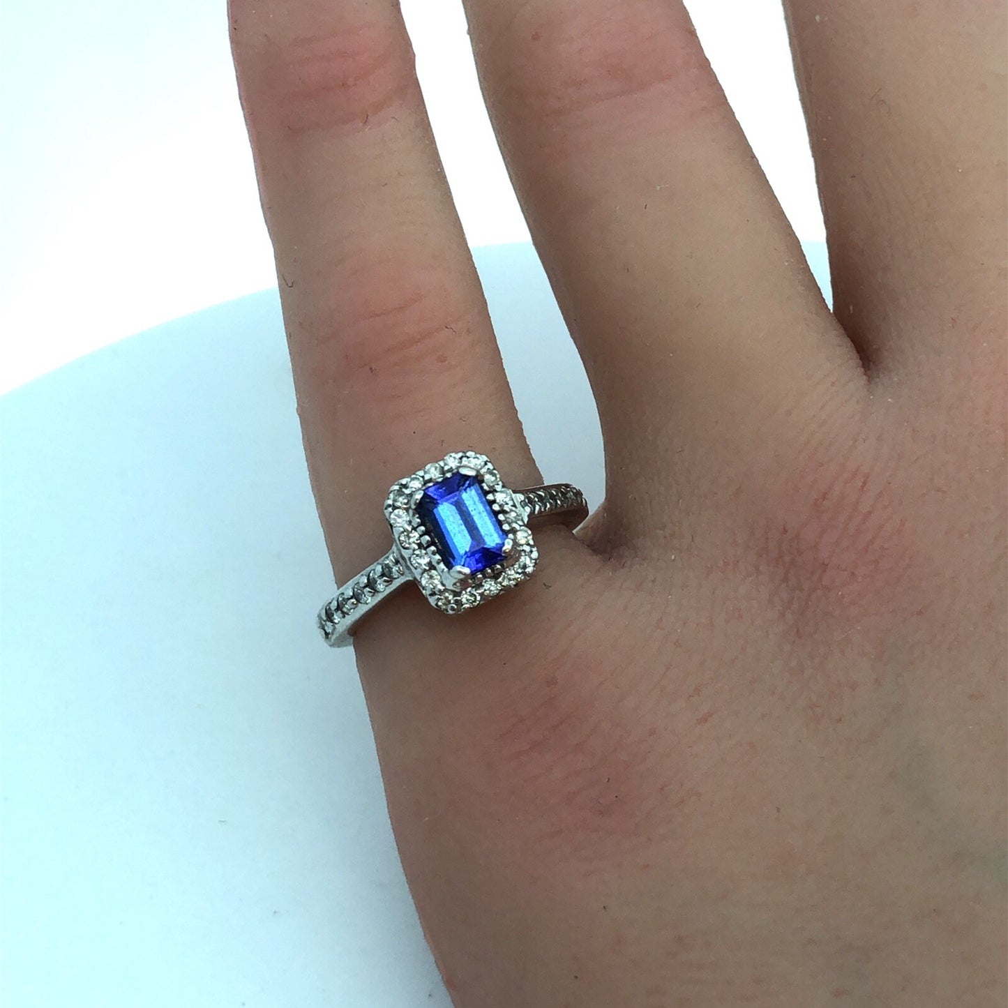 Designer 14K White Gold Emerald Cut Tanzanite Diamond Halo Engagement Ring