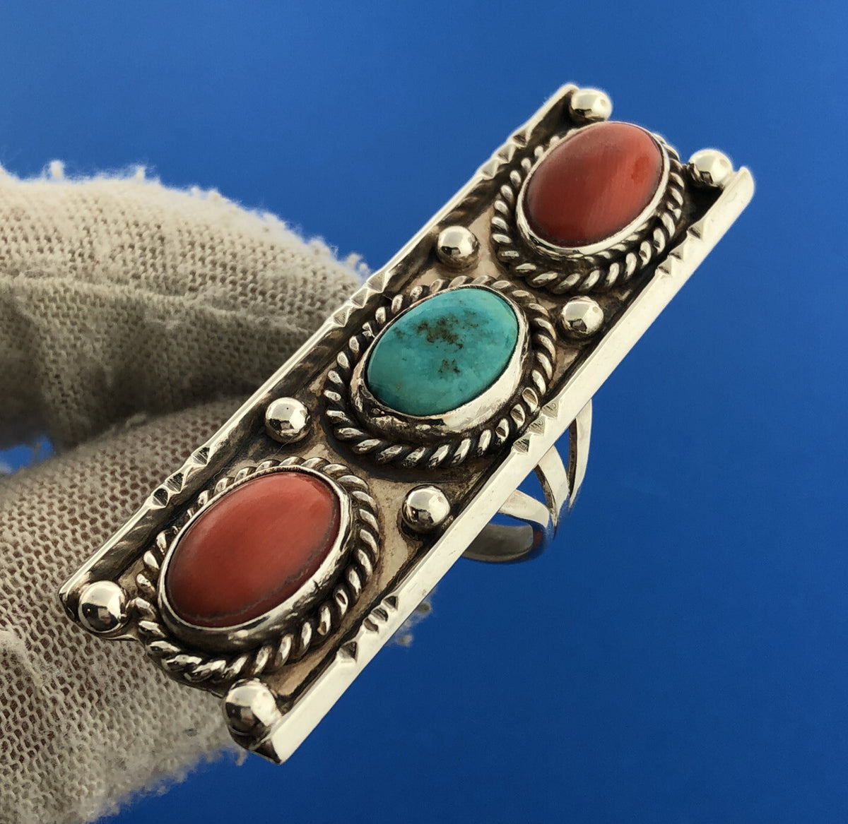 Native American Artisan Sterling Silver Coral Turquoise Rectangle Statement Ring