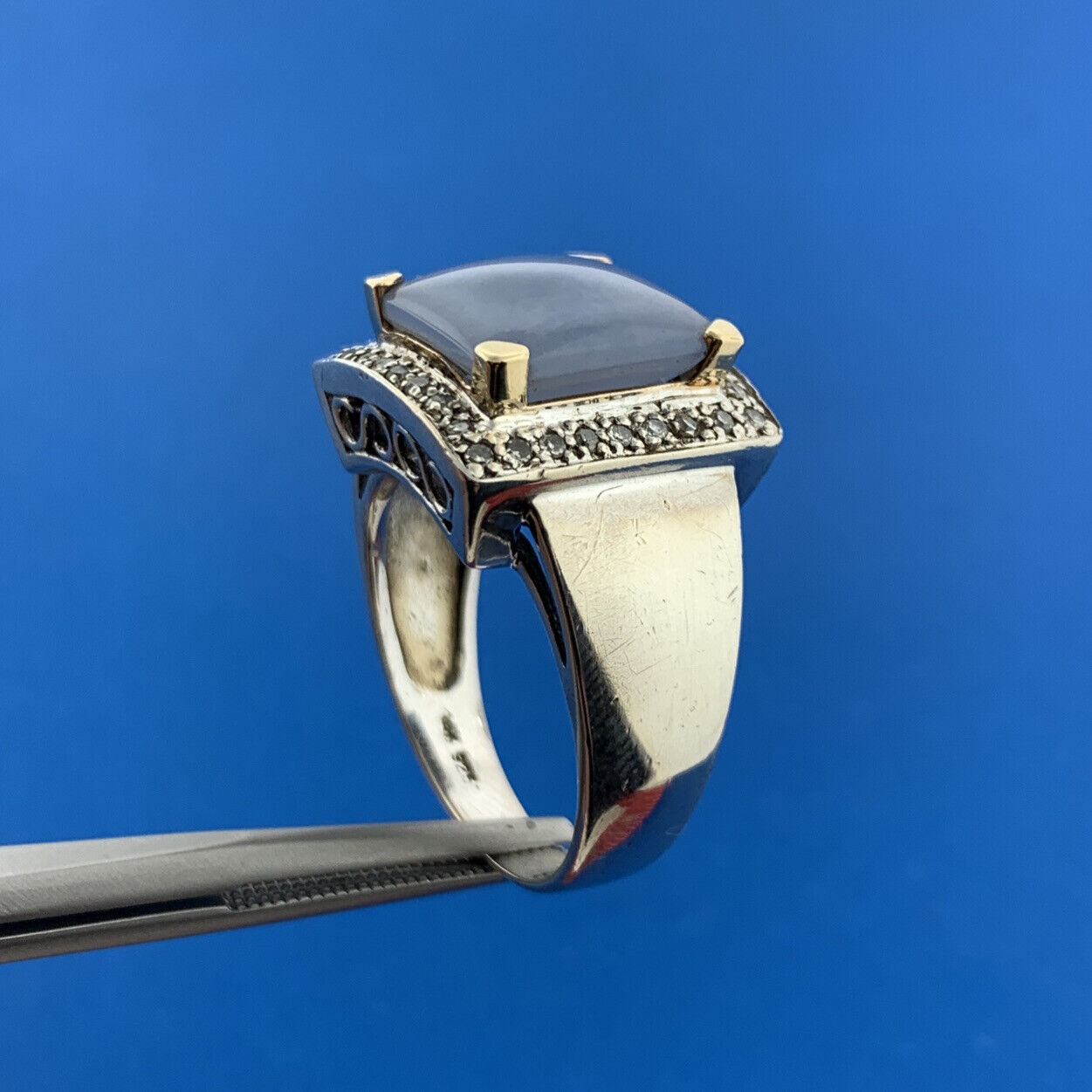 Designer BJC 925 Sterling Silver 14K Yellow Gold Chalcedony Diamond Halo Ring