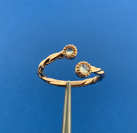 Retro Designer 14K Yellow Gold Blue Topaz Ribbed Twist Modernist Bypass Ring