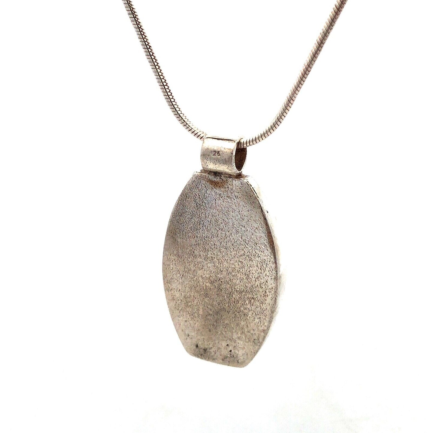 Vintage 925 Sterling Silver Amber Orange Agate Inlay Oval Pendant Necklace