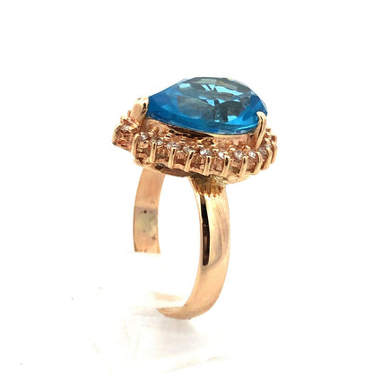 10K Yellow Gold Pear Blue Topaz Diamond Halo Statement Cocktail Ring
