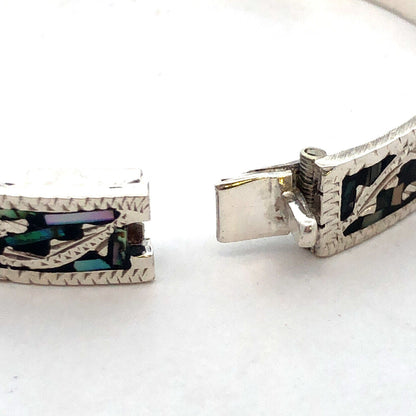 Vintage Taxco Mexico 925 Sterling Silver Abalone Inlay Textured Panel Bracelet