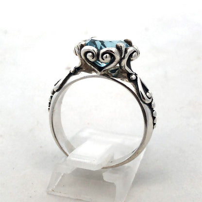 Designer 925 Sterling Silver Round Blue Topaz Solitaire Heart Scroll Ring
