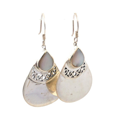 Designer 925 Sterling Silver Mother of Pearl Modernist Dangle Hook Earrings