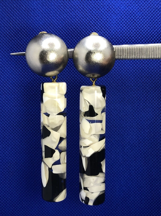 1980's Runway Couture Black & White Floating Lucite Statement Earrings