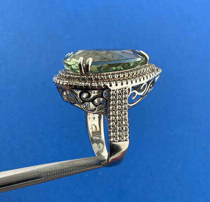 Designer 925 Sterling Silver Green Amethyst Diamond Halo Statement Cocktail Ring