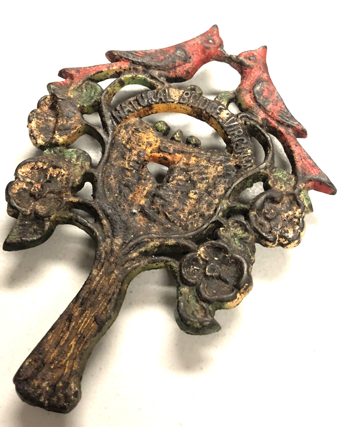 Vintage Painted Cast Iron Natural Bridge Va Red Bird Tree Rustic Hot DishTrivet