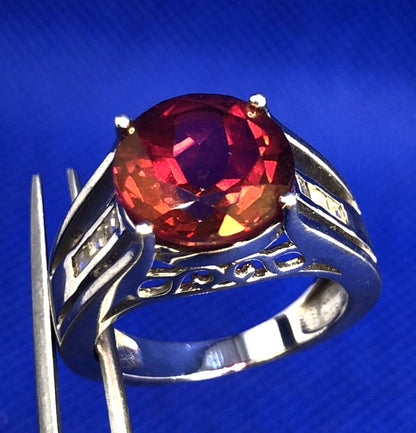 Designer BBJ 925 Sterling Silver Ruby Solitaire White Topaz Accent Cocktail Ring