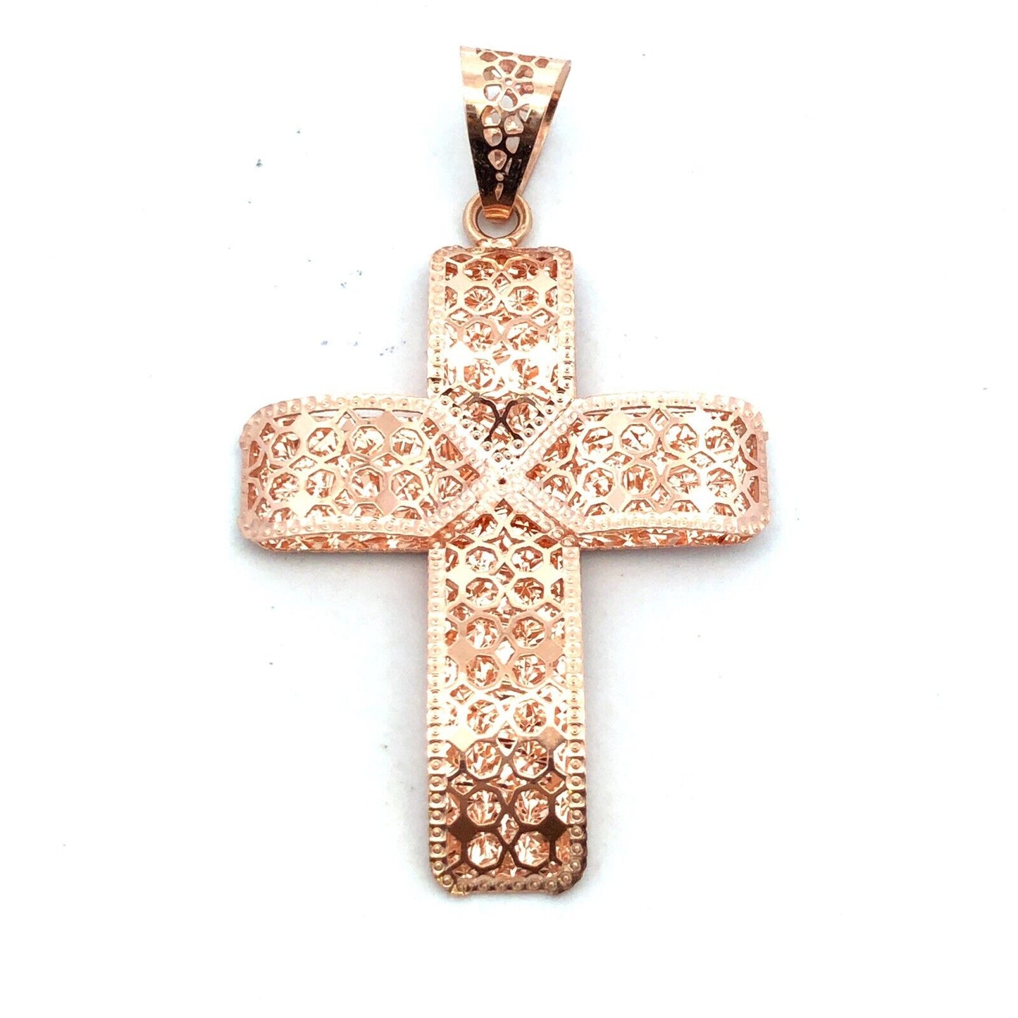 Designer QG Italy 14K Rose Gold Textured Open Work Cross Pendant