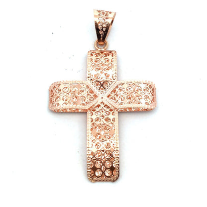 Designer QG Italy 14K Rose Gold Textured Open Work Cross Pendant