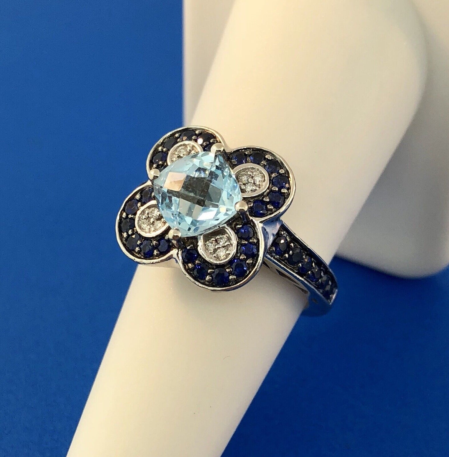 Le Vian 14K White Gold Blue Topaz Diamond Sapphire Flower Cluster Cocktail Ring