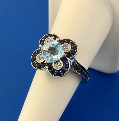 Le Vian 14K White Gold Blue Topaz Diamond Sapphire Flower Cluster Cocktail Ring