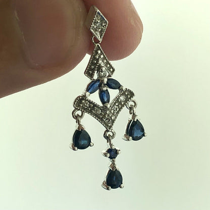 Fabulous 14K White Gold Sapphire Diamond Accented Chandelier Dangle Earrings