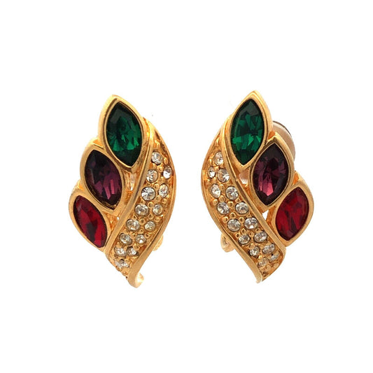 Vintage Swarovski S.A.L. Gold Tone Multicolor Crystal Statement Clip On Earrings