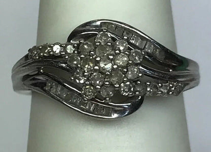 Sterling Silver 925 Diamond Waterfall Cluster Engagement Bridal Ring