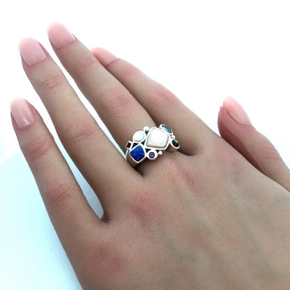 Designer LT 925 Sterling Silver Mother of Pearl Lapis Lazuli Cluster Band Ring