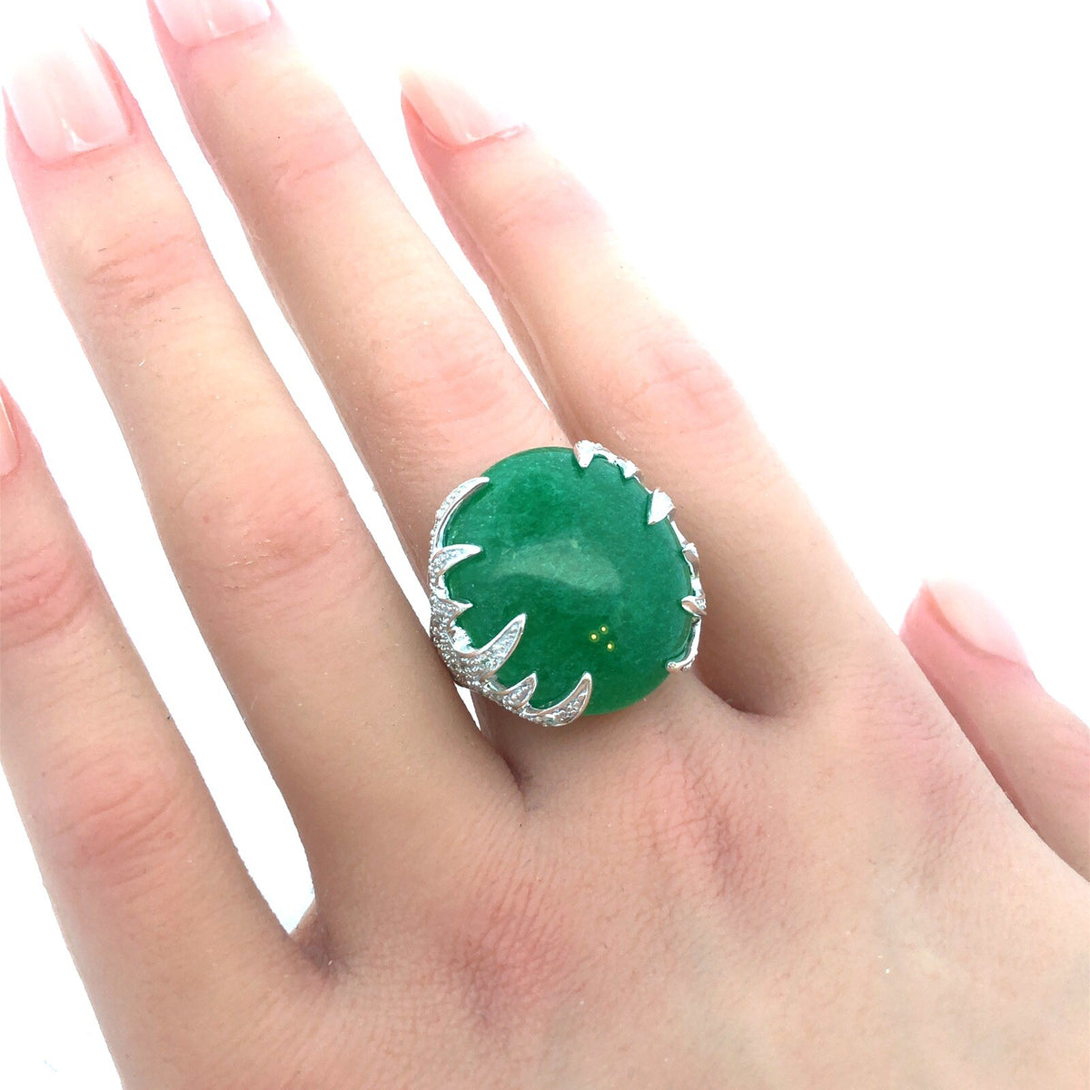 Designer SX 925 Sterling Silver Oval Chrysoprase Cubic Zirconia Statement Ring