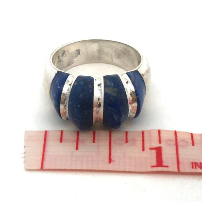 Estate 950 Fine Silver Lapis-Lazuli Modernist Ribbed Dome Size 7.5 Ring