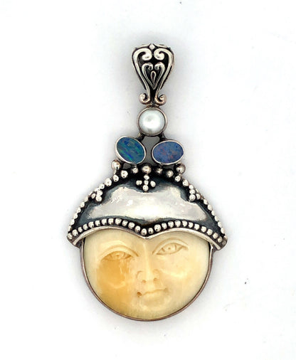 925 Sterling Silver Opal Pearl Carved Resin Moon Face Statement Pendant
