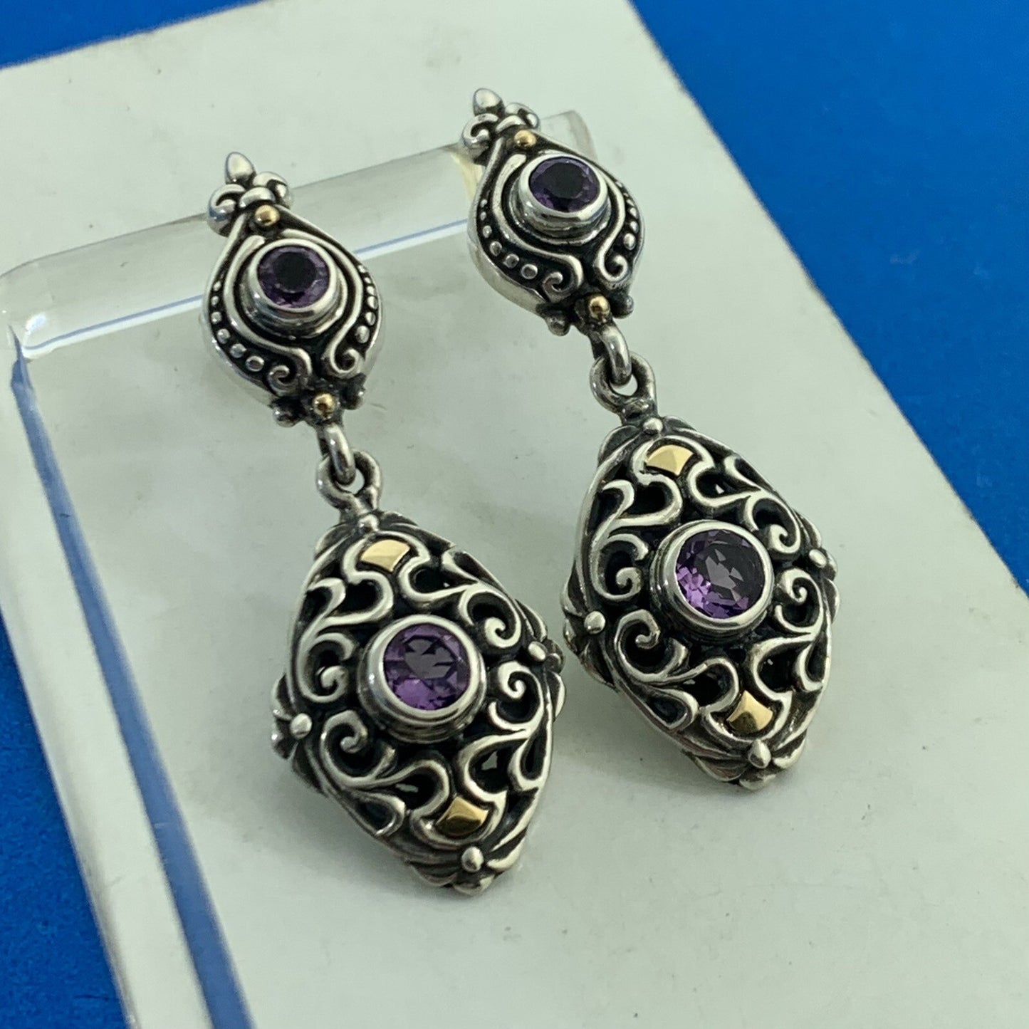 Designer 925 Sterling Silver 18K Yellow Gold Amethyst Drop Dangle Stud Earrings