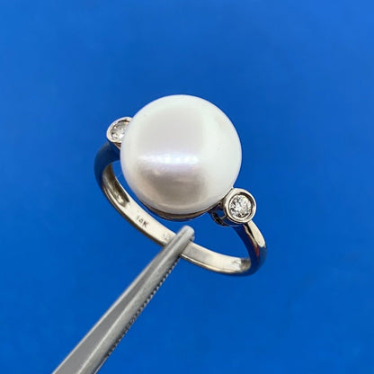 14K White Gold Pearl Diamond Accent June Wedding Anniversary Occasion Ring