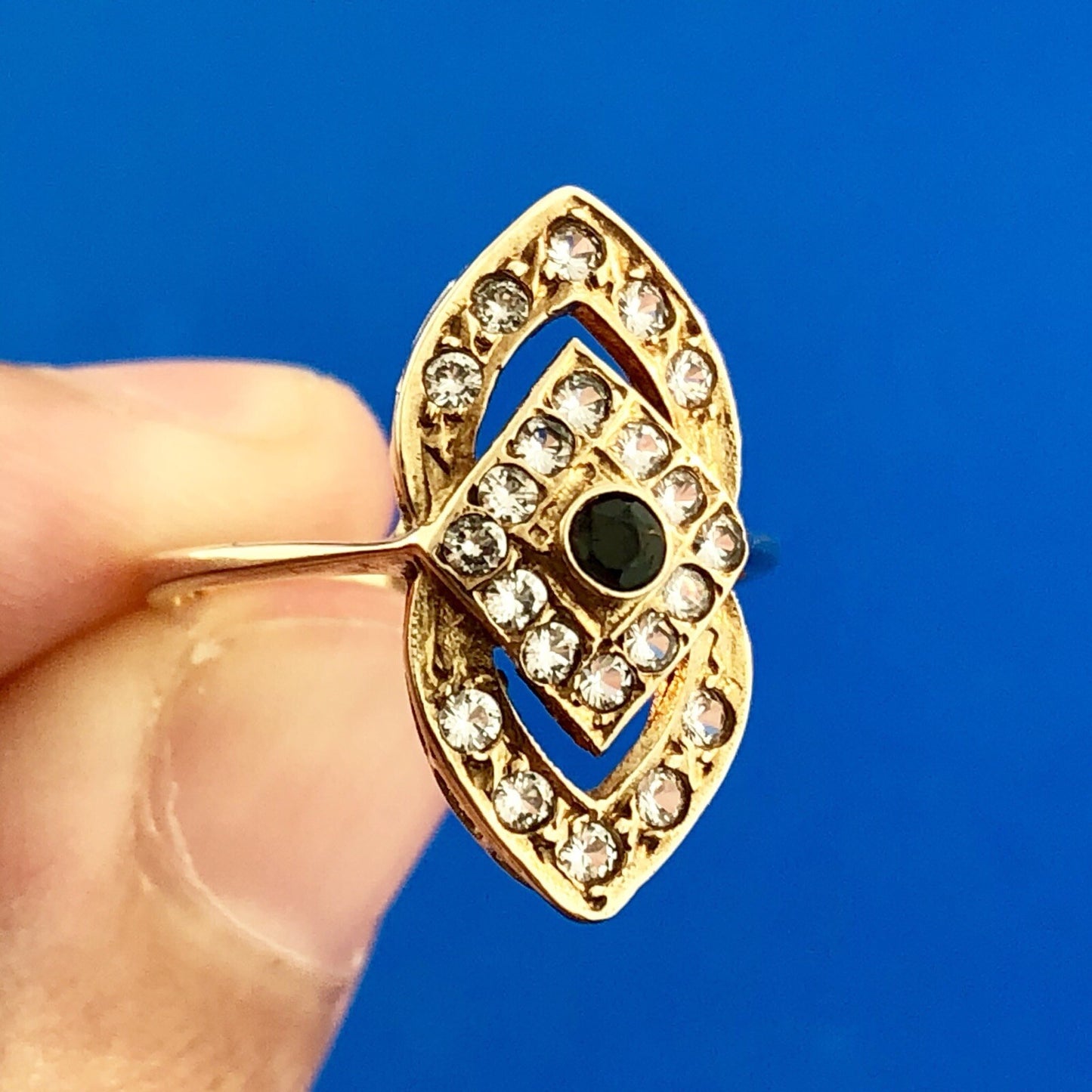 Art Deco Art Nouveau 14K Yellow Gold Sapphire Aquamarine Accent Cocktail Ring