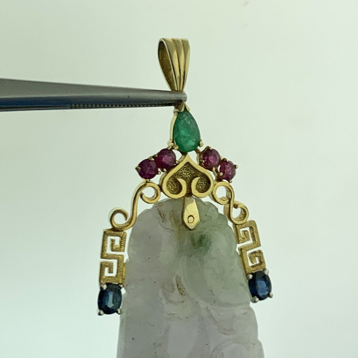 Gorgeous 18k Yellow Gold Carved White Jade Emerald Ruby Sapphire Dangle Pendant