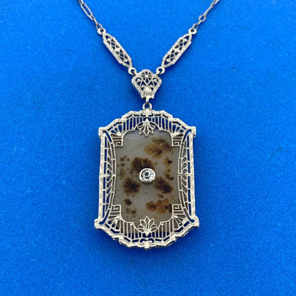 Antique 10K White Gold White Sapphire Aqate Filigree Statement Pendant Necklace