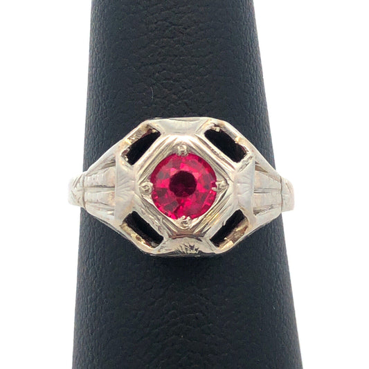 Art Deco 18K White Gold Round Ruby Solitaire Cocktail Ring