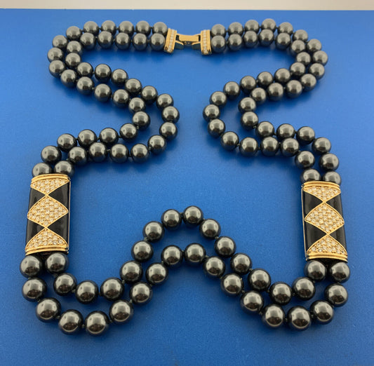 Retro Ciro Gold Tone Rhinestone Black enamel Gray Faux Pearl Statement Necklace