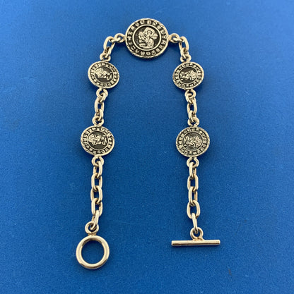 Vintage Taxco Mexico 925 Sterling Silver Aztec Design Medallion Toggle Bracelet