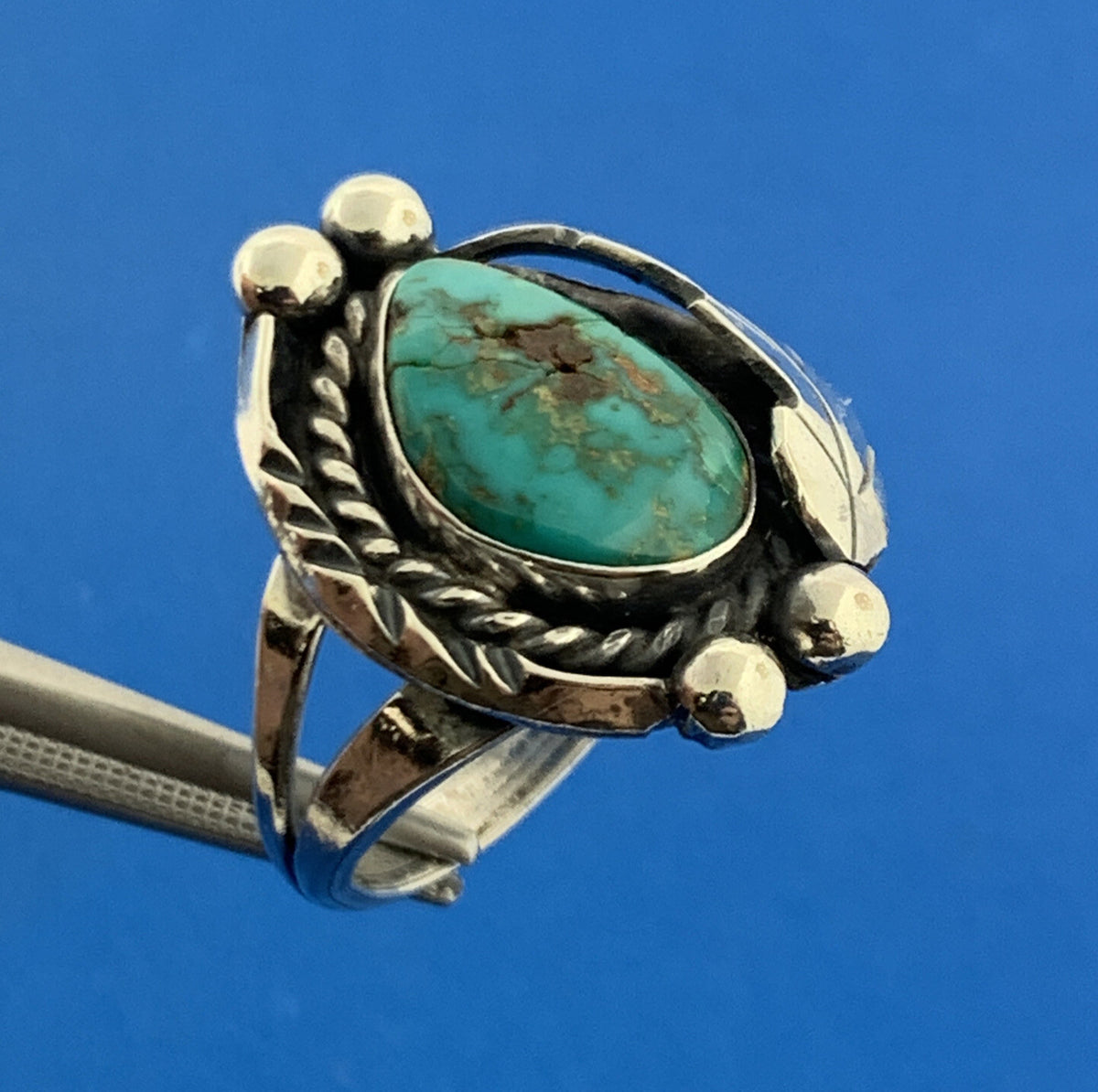 Native American Sterling Silver 925 Cabochon Blue Turquoise Floral Ring Size 7