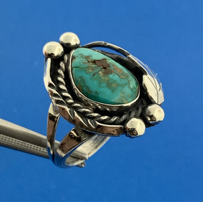 Native American Sterling Silver 925 Cabochon Blue Turquoise Floral Ring Size 7