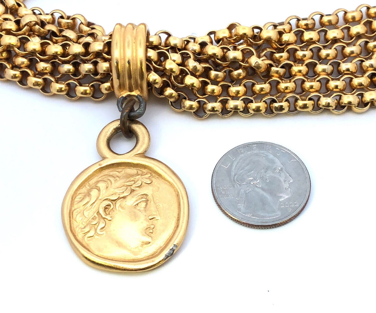 Carolee Gold Tone Rolo Link Faux Ancient Ceasar Coin Statement Collar Necklace