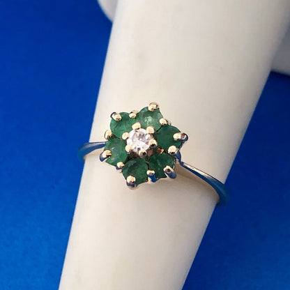 Vintage 14K Yellow Gold Designer Emerald Diamond Cluster May Anniversary Ring
