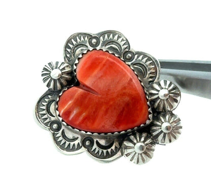Native American Sterling Silver Spiny Oyster Turquoise Concho Carved Heart Ring
