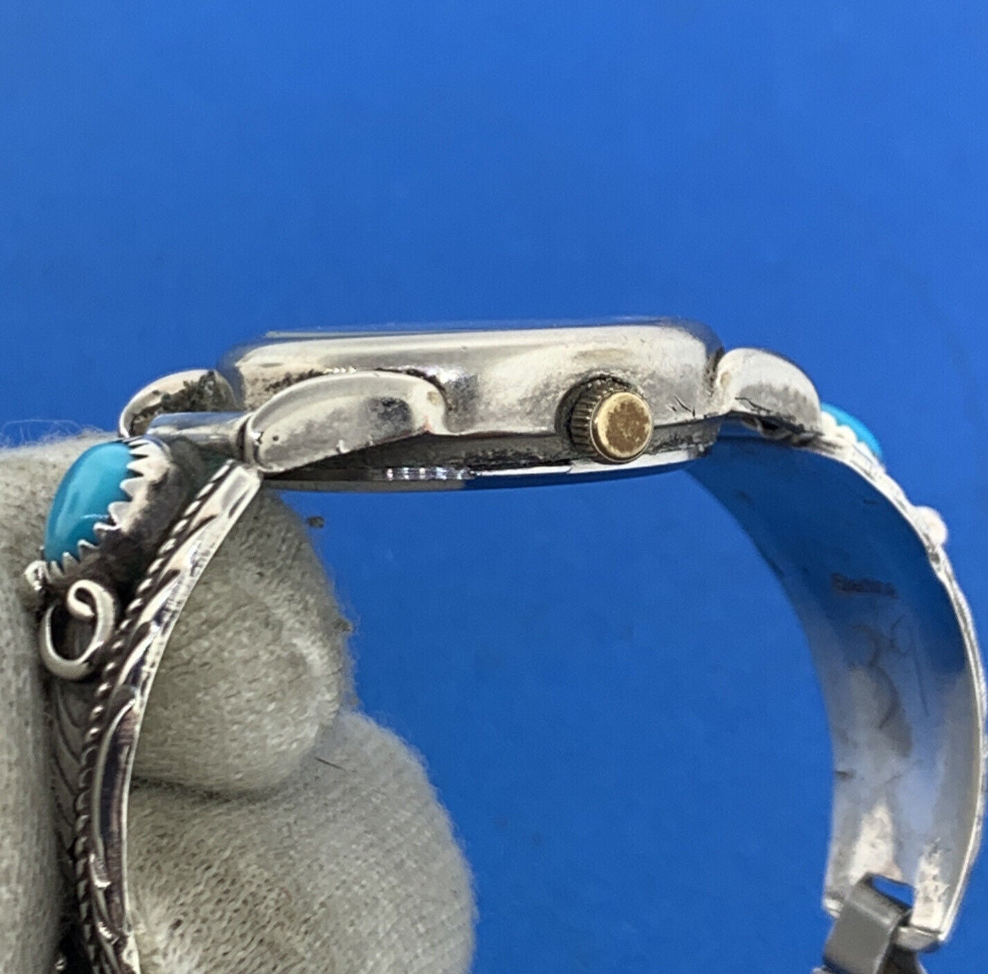 Native American Sterling Silver Turquoise Coral Kokopelli Bracelet Watch Parts
